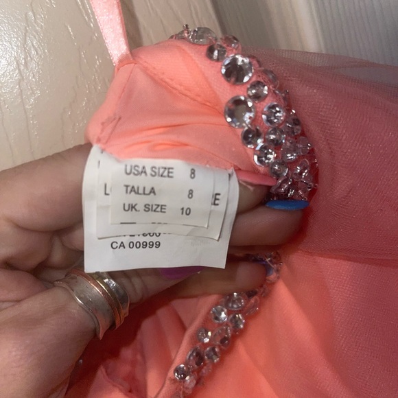 Formal prom dress is size 8 neon coral orange peach with open back. 2 piece - Picture 15 of 16